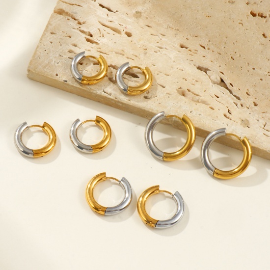 Bild von 1 Pair Eco-friendly PVD Vacuum Plating Minimalist Exquisite 18K Real Gold Plated & Silver Tone 304 Stainless Steel Two Tone Hoop Earrings For Women Gift Post/ Wire Size: 1mm(18 gauge)