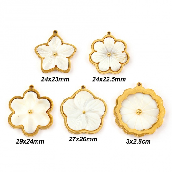 Picture of Eco-friendly PVD Vacuum Plating 304 Stainless Steel & Natural Shell Charms 18K Real Gold Plated White Flower