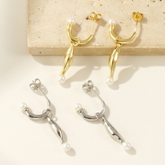 Immagine di 1 Pair Eco-friendly Stylish Exquisite 18K Real Gold Plated White Brass & Acrylic Detachable Earrings For Women Gift 3.2cm x 0.4cm, Post/ Wire Size: 0.7mm(21 gauge)