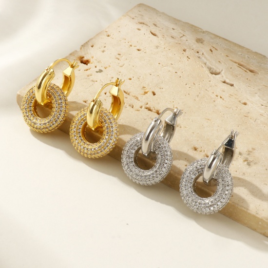 1 Pair Eco-friendly Stylish Exquisite 18K Real Gold Plated Brass & Cubic Zirconia Circle Ring Micro Pave Earrings For Women Gift 3.4cm x 2.3cm, Post/ Wire Size: 0.6mm(23 gauge) の画像
