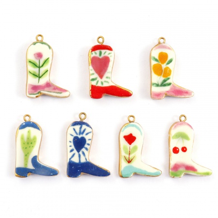 Immagine di 2 Pz Placcatura Sottovuoto PVD Ecologica 304 Acciaio Inossidabile & Ceramica Cowboy dell'Ovest Ciondoli Pendenti 18K Vero Oro Placcato Multicolore Stivale 3.4cm x 2.3cm