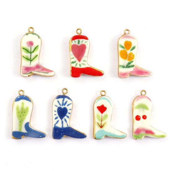 Picture of Eco-friendly PVD Vacuum Plating 304 Stainless Steel & Ceramic West Cowboy Pendants 18K Real Gold Plated Multicolor Boots 3.4cm x 2.3cm