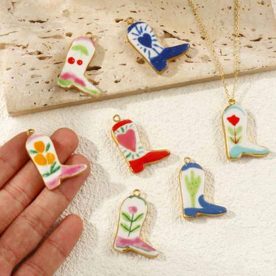 Picture of Eco-friendly PVD Vacuum Plating 304 Stainless Steel & Ceramic West Cowboy Pendants 18K Real Gold Plated Multicolor Boots 3.4cm x 2.3cm