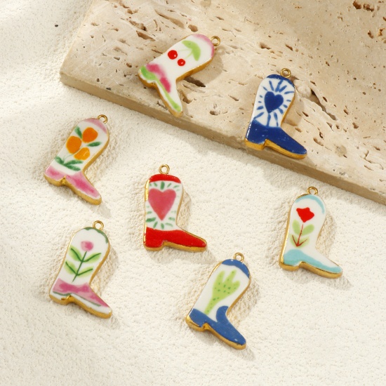 Picture of Eco-friendly PVD Vacuum Plating 304 Stainless Steel & Ceramic West Cowboy Pendants 18K Real Gold Plated Multicolor Boots 3.4cm x 2.3cm
