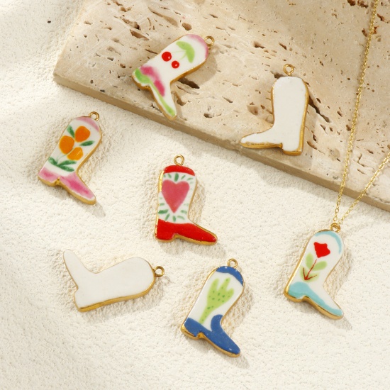 Picture of Eco-friendly PVD Vacuum Plating 304 Stainless Steel & Ceramic West Cowboy Pendants 18K Real Gold Plated Multicolor Boots 3.4cm x 2.3cm