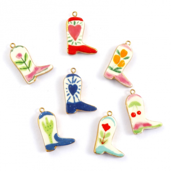 Picture of Eco-friendly PVD Vacuum Plating 304 Stainless Steel & Ceramic West Cowboy Pendants 18K Real Gold Plated Multicolor Boots 3.4cm x 2.3cm
