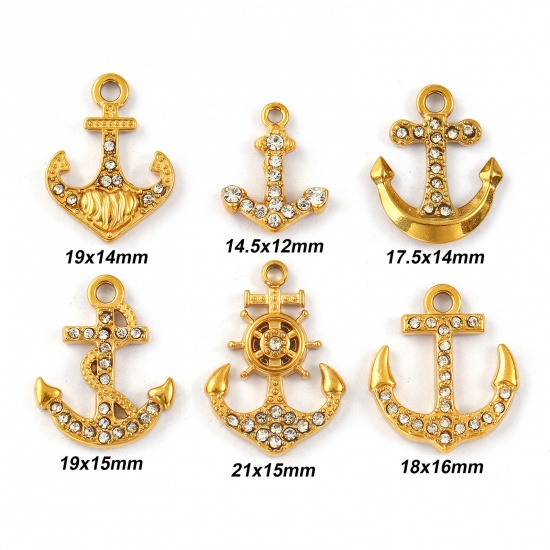 Immagine di 2 Pz Placcatura Sottovuoto PVD Ecologica 304 Acciaio Inossidabile Ciondoli 18K Vero Oro Placcato Ancora Micro Spianare Trasparente Strass
