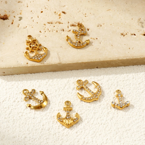 Immagine di 2 Pz Placcatura Sottovuoto PVD Ecologica 304 Acciaio Inossidabile Ciondoli 18K Vero Oro Placcato Ancora Micro Spianare Trasparente Strass