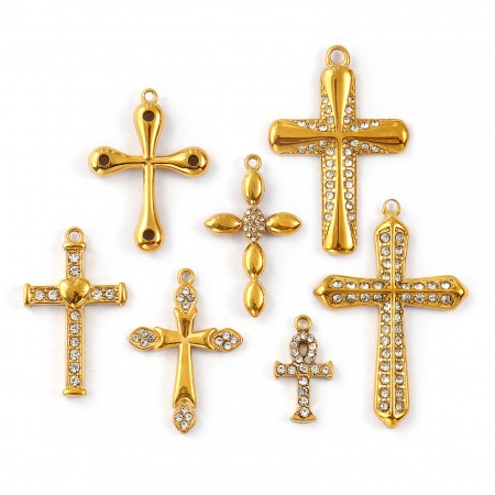 Immagine di 1 Pz Placcatura Sottovuoto PVD Ecologica 304 Acciaio Inossidabile Religione Ciondoli 18K Vero Oro Placcato Croce Trasparente Strass