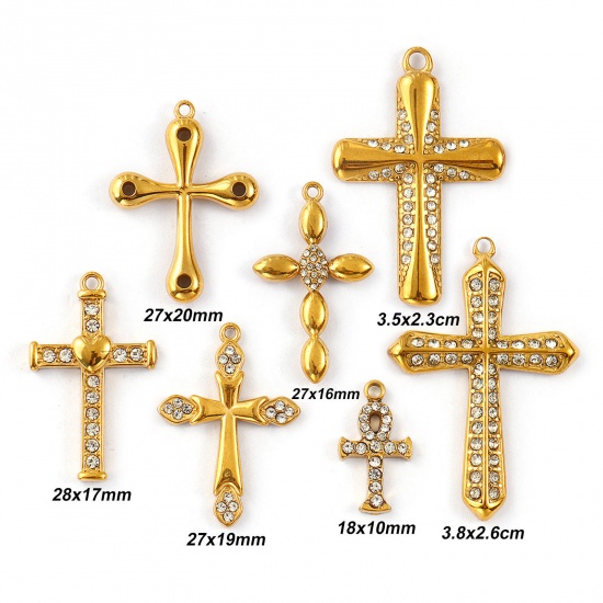 Immagine di 1 Pz Placcatura Sottovuoto PVD Ecologica 304 Acciaio Inossidabile Religione Ciondoli 18K Vero Oro Placcato Croce Trasparente Strass