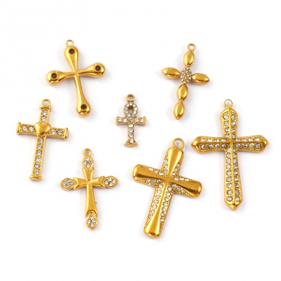 Immagine di 1 Pz Placcatura Sottovuoto PVD Ecologica 304 Acciaio Inossidabile Religione Ciondoli 18K Vero Oro Placcato Croce Trasparente Strass