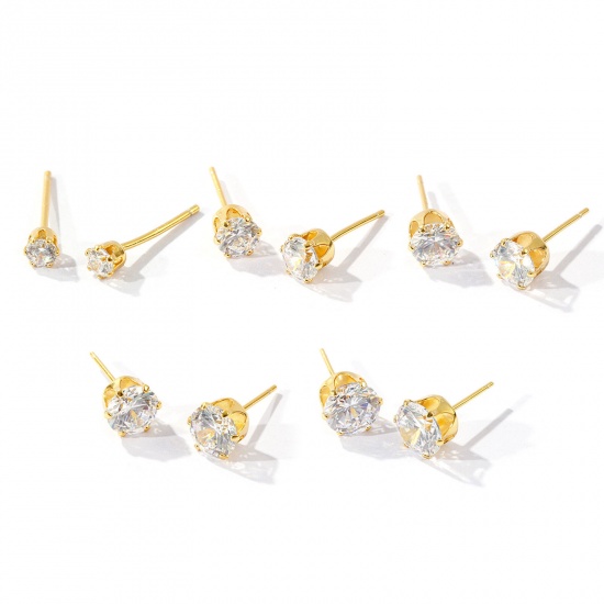 Immagine di 1 Pair Sterling Silver Exquisite Ear Post Stud Earrings Gold Plated Clear Cubic Zirconia With Stoppers Post/ Wire Size: 0.7mm(21 gauge)