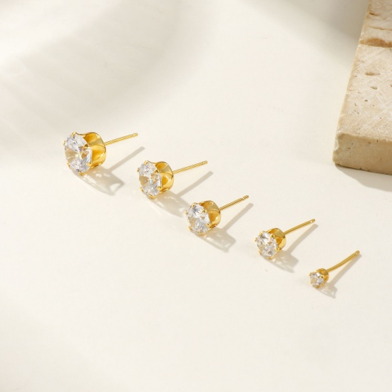 Immagine di 1 Pair Sterling Silver Exquisite Ear Post Stud Earrings Gold Plated Clear Cubic Zirconia With Stoppers Post/ Wire Size: 0.7mm(21 gauge)