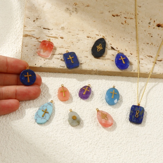 Picture of Eco-friendly 304 Stainless Steel & Gemstone Geometric Charms Gold Plated Multicolor Cross