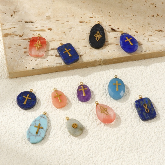 Picture of Eco-friendly 304 Stainless Steel & Gemstone Geometric Charms Gold Plated Multicolor Cross