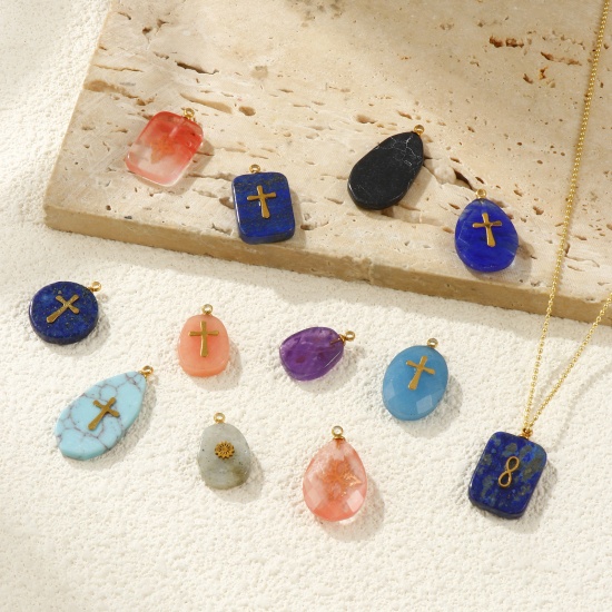 Picture of Eco-friendly 304 Stainless Steel & Gemstone Geometric Charms Gold Plated Multicolor Cross