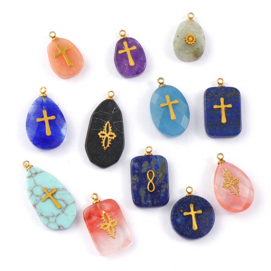 Picture of Eco-friendly 304 Stainless Steel & Gemstone Geometric Charms Gold Plated Multicolor Cross