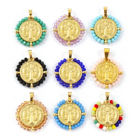 Picture of Eco-friendly PVD Vacuum Plating 304 Stainless Steel & Glass Religious Pendants 18K Real Gold Plated Round Disc St. Benedict Medal Double Sided 3.4cm x 2.8cm