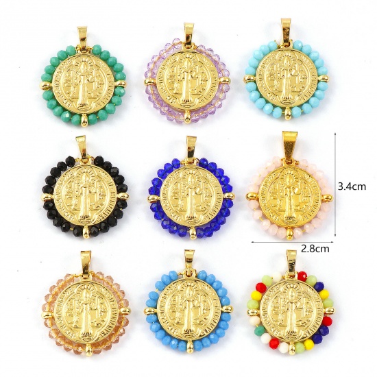 Picture of Eco-friendly PVD Vacuum Plating 304 Stainless Steel & Glass Religious Pendants 18K Real Gold Plated Round Disc St. Benedict Medal Double Sided 3.4cm x 2.8cm