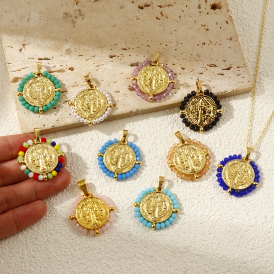 Picture of Eco-friendly PVD Vacuum Plating 304 Stainless Steel & Glass Religious Pendants 18K Real Gold Plated Round Disc St. Benedict Medal Double Sided 3.4cm x 2.8cm