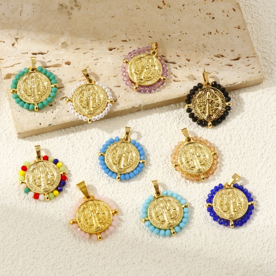 Picture of Eco-friendly PVD Vacuum Plating 304 Stainless Steel & Glass Religious Pendants 18K Real Gold Plated Round Disc St. Benedict Medal Double Sided 3.4cm x 2.8cm