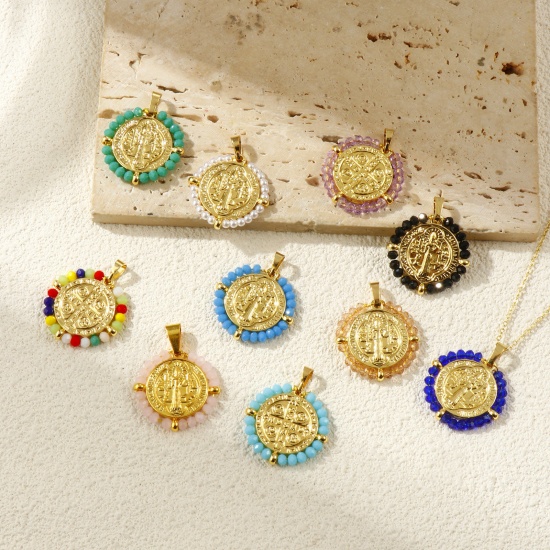 Picture of Eco-friendly PVD Vacuum Plating 304 Stainless Steel & Glass Religious Pendants 18K Real Gold Plated Round Disc St. Benedict Medal Double Sided 3.4cm x 2.8cm