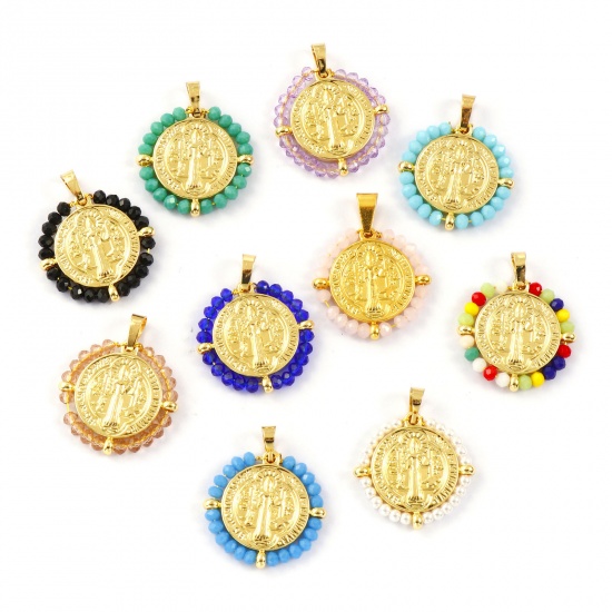 Picture of Eco-friendly PVD Vacuum Plating 304 Stainless Steel & Glass Religious Pendants 18K Real Gold Plated Round Disc St. Benedict Medal Double Sided 3.4cm x 2.8cm