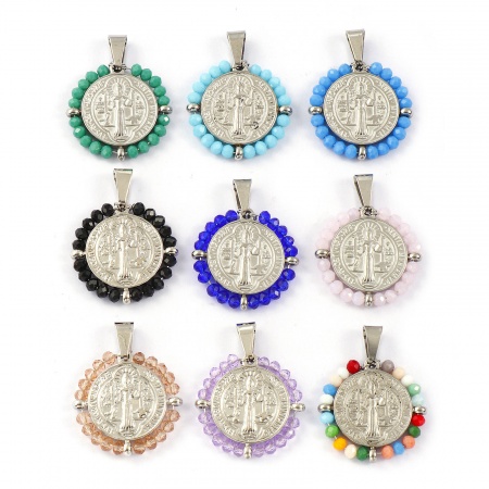 Immagine di 1 Pz Ecologico 304 Acciaio Inossidabile & Vetro Religione Ciondoli Pendenti Tono Argento Tondo Disco Medaglia di San Benedetto Doppia Faccia 3.6cm x 2.8cm