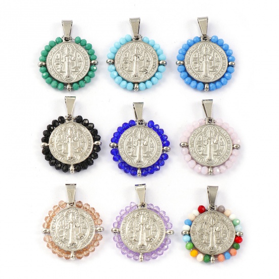Picture of Eco-friendly 304 Stainless Steel & Glass Religious Pendants Silver Tone Round Disc St. Benedict Medal Double Sided 3.6cm x 2.8cm