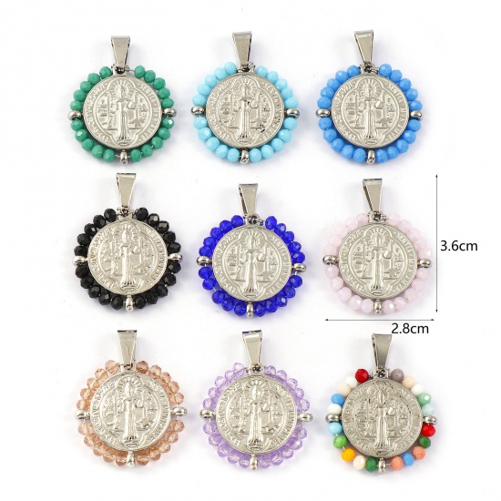 Picture of Eco-friendly 304 Stainless Steel & Glass Religious Pendants Silver Tone Round Disc St. Benedict Medal Double Sided 3.6cm x 2.8cm