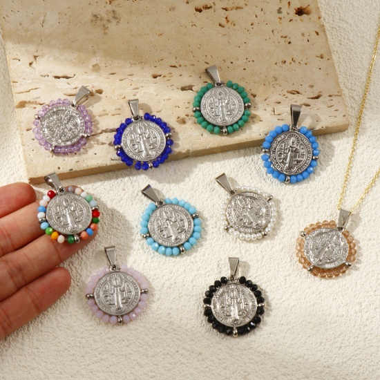 Picture of Eco-friendly 304 Stainless Steel & Glass Religious Pendants Silver Tone Round Disc St. Benedict Medal Double Sided 3.6cm x 2.8cm