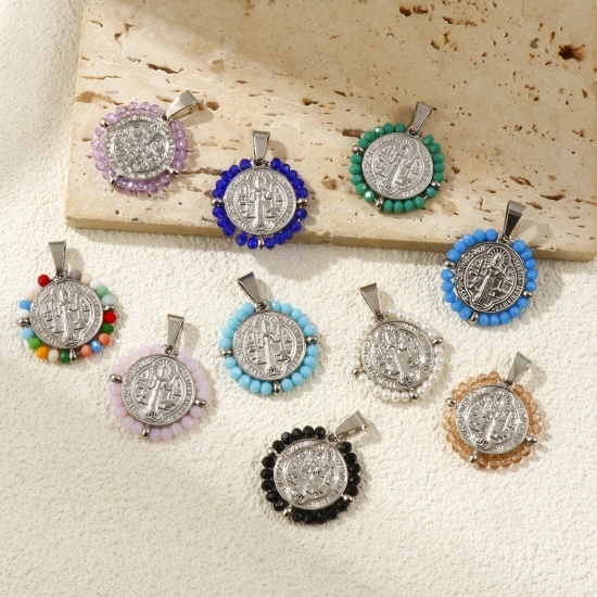 Picture of Eco-friendly 304 Stainless Steel & Glass Religious Pendants Silver Tone Round Disc St. Benedict Medal Double Sided 3.6cm x 2.8cm