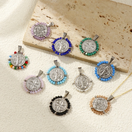 Picture of Eco-friendly 304 Stainless Steel & Glass Religious Pendants Silver Tone Round Disc St. Benedict Medal Double Sided 3.6cm x 2.8cm