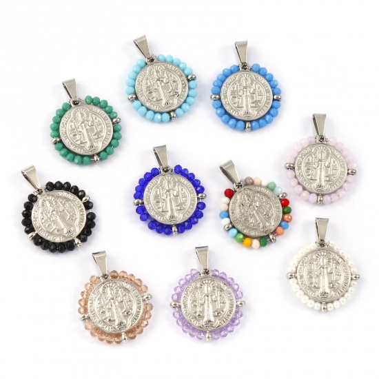 Picture of Eco-friendly 304 Stainless Steel & Glass Religious Pendants Silver Tone Round Disc St. Benedict Medal Double Sided 3.6cm x 2.8cm