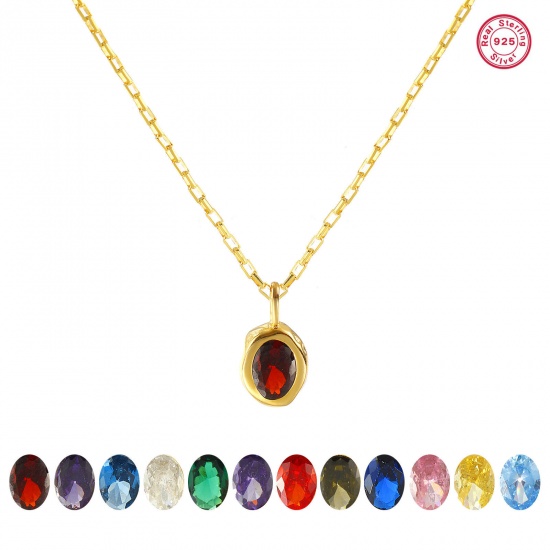 Imagen de 1 Piece Sterling Silver & Cubic Zirconia Birthstone Pendant Charm Necklace 18K Gold Plated Oval 45cm(17.7") long