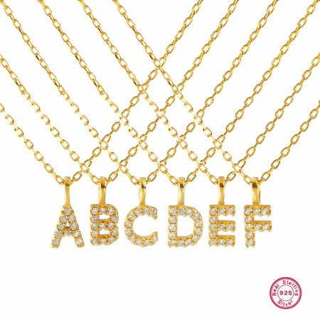 1 Piece Sterling Silver Capital Alphabet Initial Letter Name Pendant Charm Necklace 18K Gold Plated Message " A-Z " Clear Cubic Zirconia 45cm(17.7") long