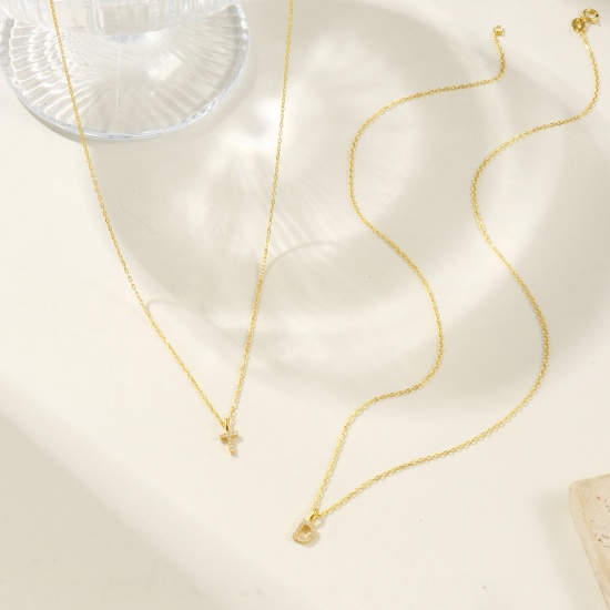 Bild von 1 Piece Sterling Silver Capital Alphabet Initial Letter Name Pendant Charm Necklace 18K Gold Plated Message " A-Z " Clear Cubic Zirconia 45cm(17.7") long