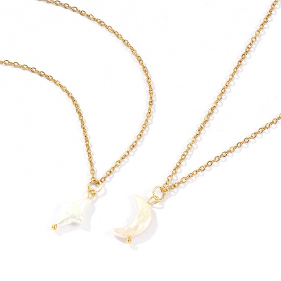 Image de 18K Real Gold Plated Link Cable Chain Pendant Charm Necklace, 304 Stainless Steel & Natural Pearl 45cm(17.7") + 5cm(2"), For Women, White Baroque Dainty Gift, Eco-friendly PVD Vacuum Plating, 1 Piece