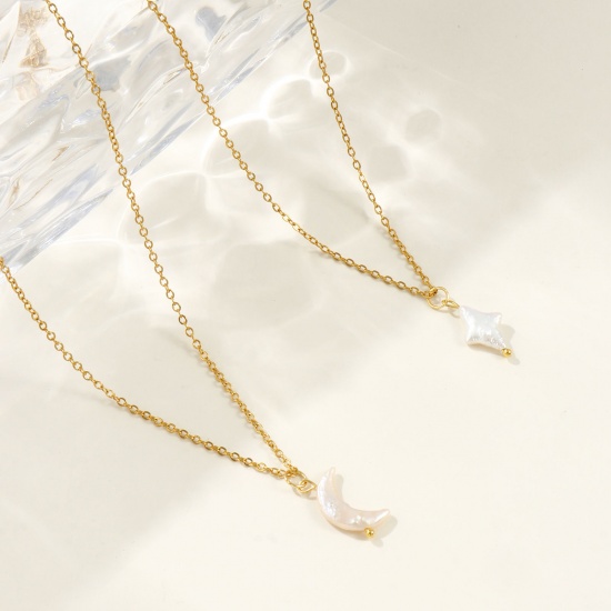 Image de 18K Real Gold Plated Link Cable Chain Pendant Charm Necklace, 304 Stainless Steel & Natural Pearl 45cm(17.7") + 5cm(2"), For Women, White Baroque Dainty Gift, Eco-friendly PVD Vacuum Plating, 1 Piece