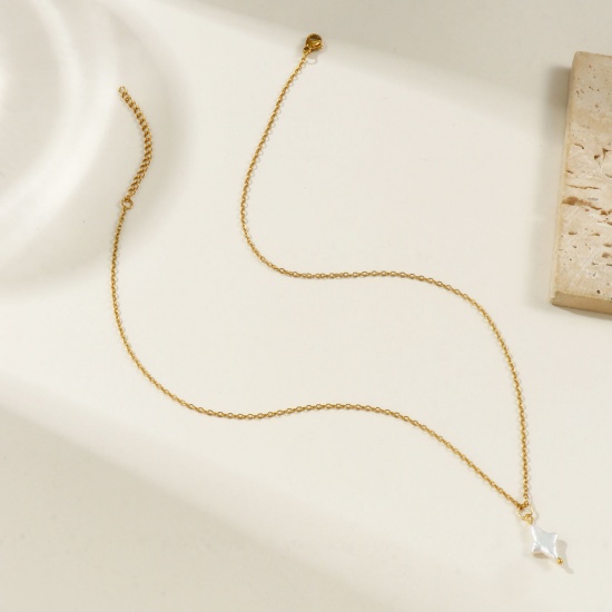 Image de 18K Real Gold Plated Link Cable Chain Pendant Charm Necklace, 304 Stainless Steel & Natural Pearl 45cm(17.7") + 5cm(2"), For Women, White Baroque Dainty Gift, Eco-friendly PVD Vacuum Plating, 1 Piece
