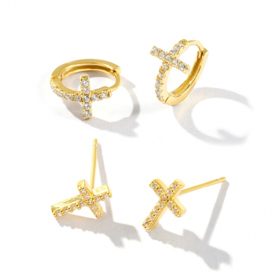 Picture of 1 Pair Sterling Silver Religious Hoop Earrings Gold Plated Clear Cubic Zirconia Micro Pave