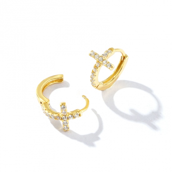 Picture of 1 Pair Sterling Silver Religious Hoop Earrings Gold Plated Clear Cubic Zirconia Micro Pave