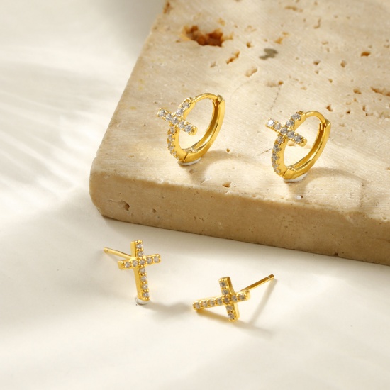 Picture of 1 Pair Sterling Silver Religious Hoop Earrings Gold Plated Clear Cubic Zirconia Micro Pave