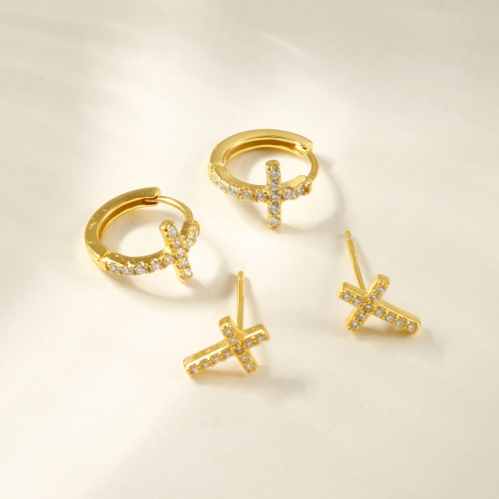 Picture of 1 Pair Sterling Silver Religious Hoop Earrings Gold Plated Clear Cubic Zirconia Micro Pave