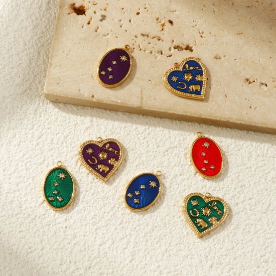 Picture of Eco-friendly PVD Vacuum Plating 304 Stainless Steel & Cubic Zirconia Charms 18K Real Gold Plated Enamel