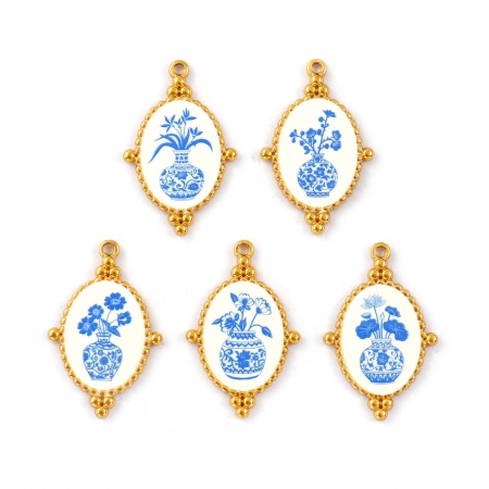 Immagine di 2 Pz Placcatura Sottovuoto PVD Ecologica 304 Acciaio Inossidabile Ciondoli Pendenti 18K Vero Oro Placcato Blu Ovale Fiore Stampato 3.2cm x 2.1cm