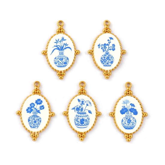Immagine di 2 Pz Placcatura Sottovuoto PVD Ecologica 304 Acciaio Inossidabile Ciondoli Pendenti 18K Vero Oro Placcato Blu Ovale Fiore Stampato 3.2cm x 2.1cm