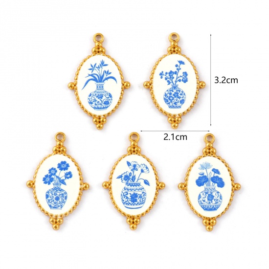 Immagine di 2 Pz Placcatura Sottovuoto PVD Ecologica 304 Acciaio Inossidabile Ciondoli Pendenti 18K Vero Oro Placcato Blu Ovale Fiore Stampato 3.2cm x 2.1cm