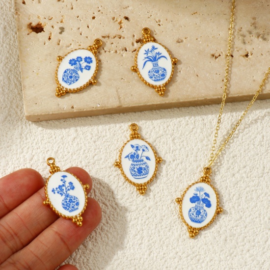 Immagine di 2 Pz Placcatura Sottovuoto PVD Ecologica 304 Acciaio Inossidabile Ciondoli Pendenti 18K Vero Oro Placcato Blu Ovale Fiore Stampato 3.2cm x 2.1cm