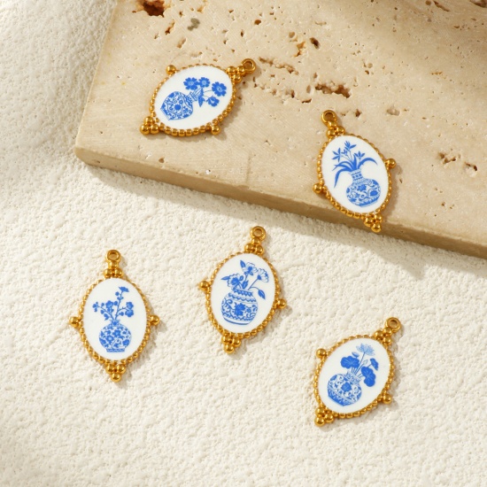 Immagine di 2 Pz Placcatura Sottovuoto PVD Ecologica 304 Acciaio Inossidabile Ciondoli Pendenti 18K Vero Oro Placcato Blu Ovale Fiore Stampato 3.2cm x 2.1cm